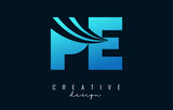 Creative blue letters Pe p e logo with leading lines and road concept design. Letters with geometric design.