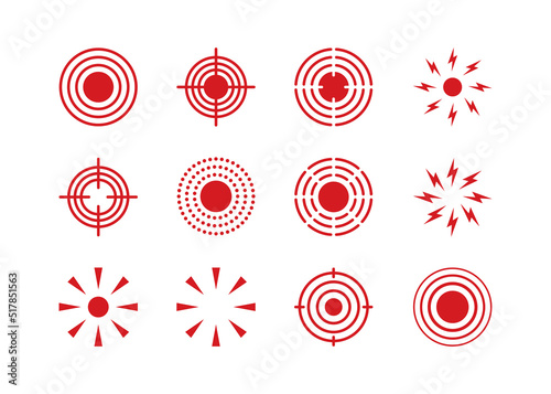 Pain point icons set. Pain red circles mark. Target spot symbols for medical design. Concept killer for headaches, abdominal aches. Editable stroke. Vector illustration isolated on white background.