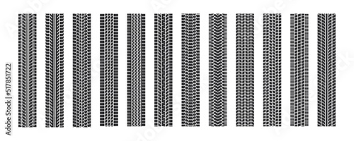 Auto tire tread seamless elements. Car tire patterns, wheel tyre tread track. Tyre print. Set of vector illustrations isolated on white background.