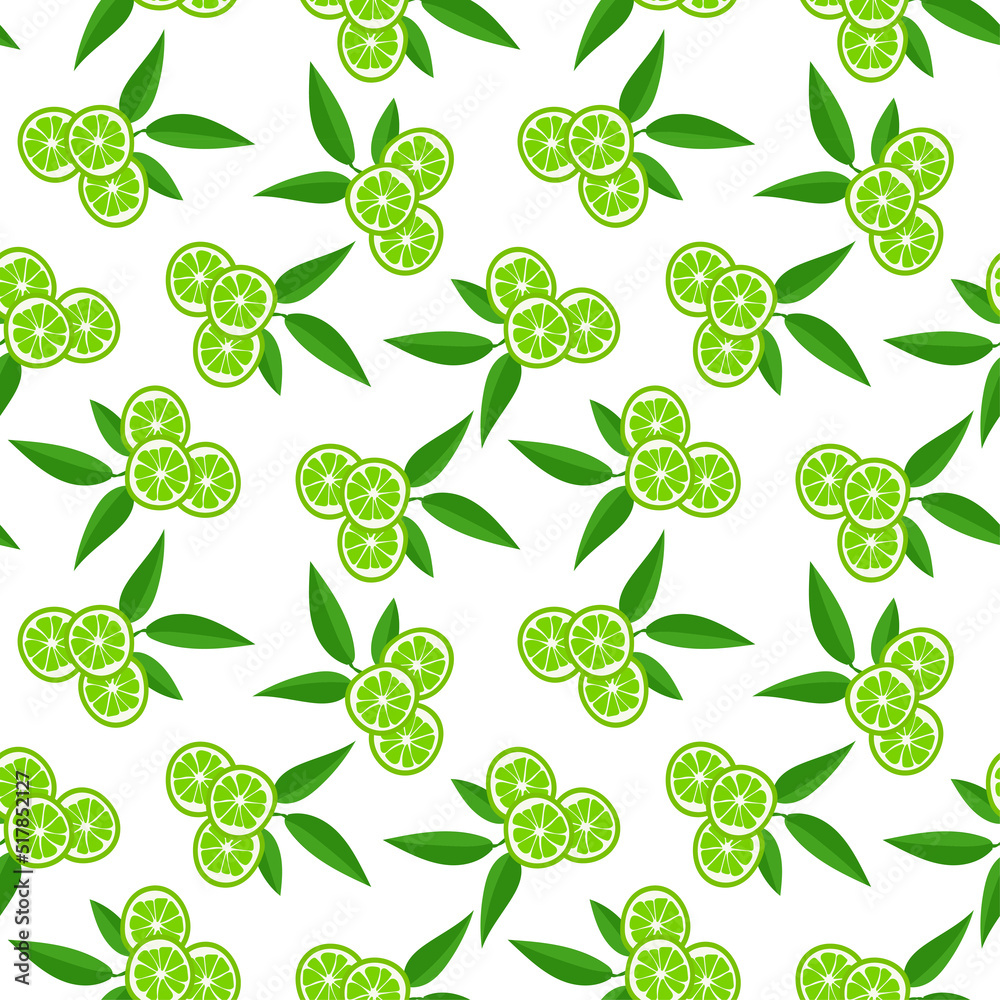 Lime with green leaves, citrus slice on white background. Seamless pattern. tropical pattern