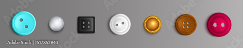 Sewing buttons with holes and solid design. Collection of multicolored clasp clothes accessories plastic isolated decorative elements. Clothing craft handmade needlework tools, Realistic 3d vector set