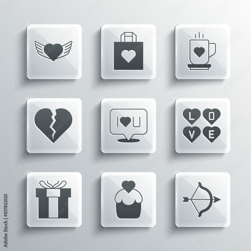 Set Wedding cake, Bow and arrow, Love text, Speech bubble I love you, Gift box, Broken heart or divorce, Heart with wings and Coffee cup icon. Vector