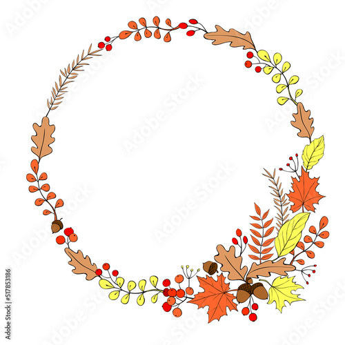 Vector wreath of autumn leaves, twigs, berries, acorns in doodle flat style. Colorful illustration. Round frame, border. Theme is forest, happy fall, thanksgiving