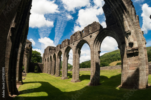 A section of the ruins of Llantony Priory near Abergavenny in Wales UK next to the Brecon Beacons Black Mountains. this medieval structure is a popular attraction to visitors and tourists