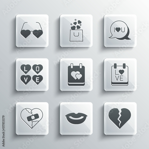 Set Smiling lips, Broken heart or divorce, Calendar with February 14, Healed broken, Love text, Heart shaped love glasses and Speech bubble I you icon. Vector