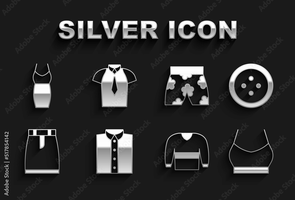 Set Shirt, Sewing button for clothes, Female crop top, Sweater, Skirt, Swimming trunks, Woman dress and icon. Vector Set Shirt, Sewing button for clothes, Female crop top, Sweater, Skirt, Swimming trunks, Woman dress and icon. Vector