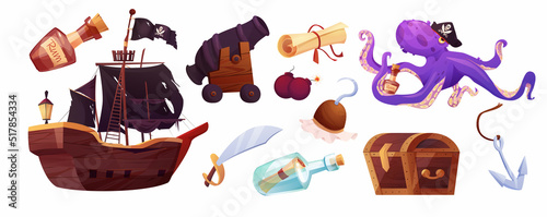 Pirates set icons in cartoon style. Flag with white skull and crossing bones. Parchment pirate's treasure map, bottle.