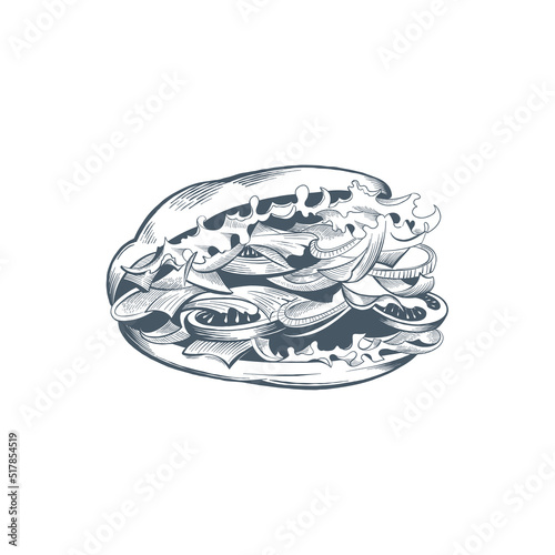 Doner kebab  with meat, vegetables and tzatziki sauce in pita bread. Hand drawn vector illustration photo