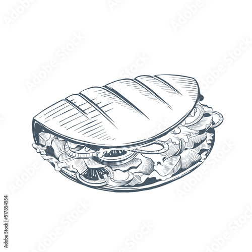 Hand drawn taco with meat, various fillings and sauce. Traditional Mexican food vector illustration