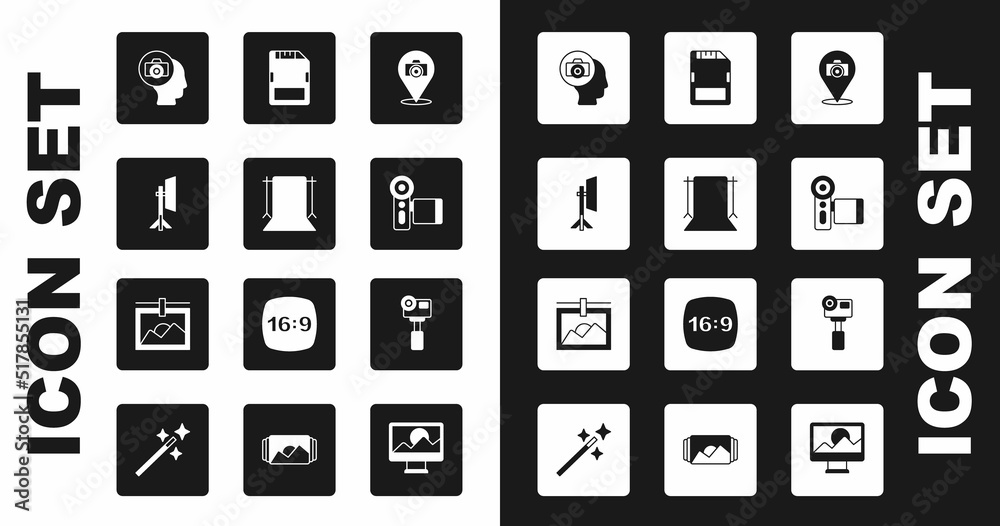 Set Photo camera, Empty photo studio, Studio light bulb in softbox, Cinema, SD card, Action extreme and frame icon. Vector Set Photo camera, Empty photo studio, Studio light bulb in softbox, Cinema, SD card, Action extreme and frame icon. Vector