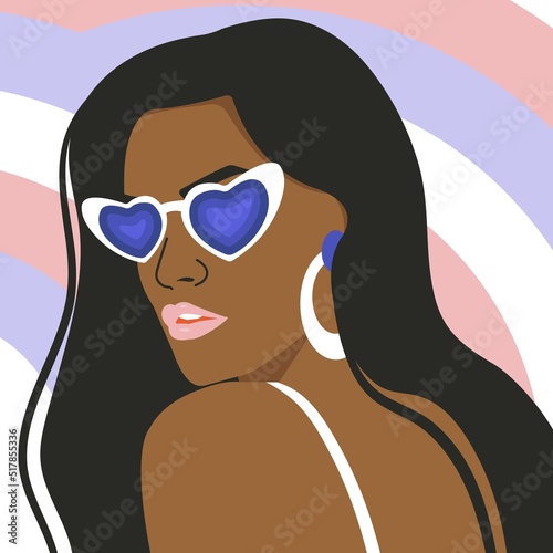 Portrait of Groovy Girl on geometric background. Female Retro character. Glamorous vector illustration Y2k.