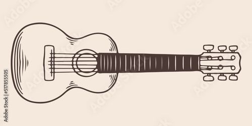 Vintage hand drawn guitar traveler in vintage engraved style. Isolated on white background. front view.