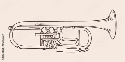 Vintage hand drawn trumpet in vintage engraved style. Isolated on white background. front view.