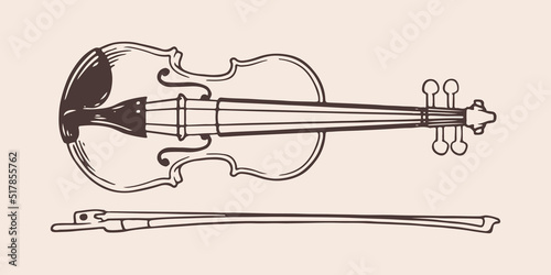Vintage hand drawn violin in vintage engraved style. Isolated on white background. front view.