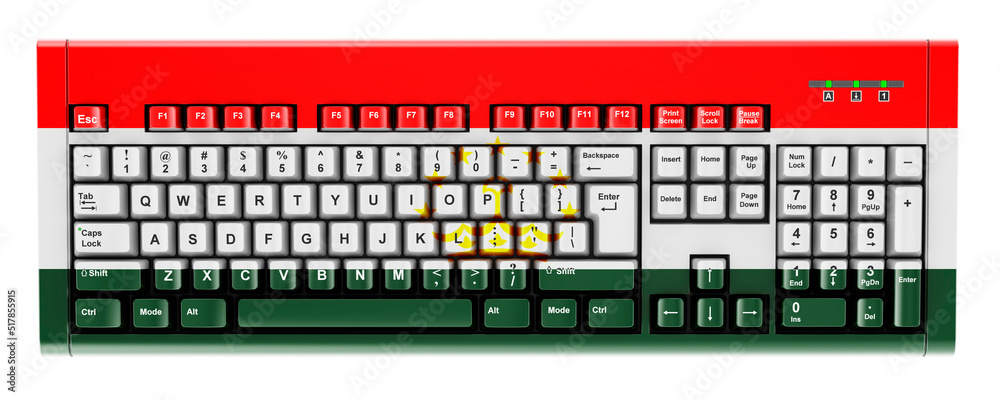 Tajik flag painted on computer keyboard. 3D rendering