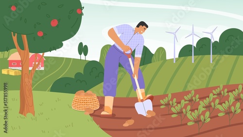 Fall harvest. Flat vector illustration with a male character digging up potatoes. Concept of harvesting people.