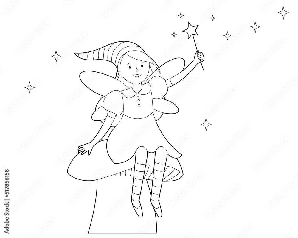 Fairy tale fairy with magic wand is sitting on large mushroom for coloring book. Contour linear illustration. Coloring book for kids.