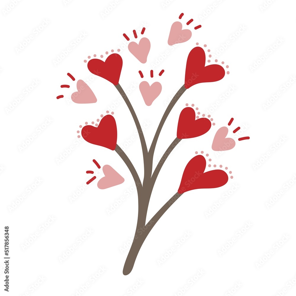 Branch with flowers of heart shape. Love and Valentine's day concept. Design element for greeting cards, invitations, posters. Hand drawn vector illustration Branch with flowers of heart shape. Love and Valentine's day concept. Design element for greeting cards, invitations, posters. Hand drawn vector illustration