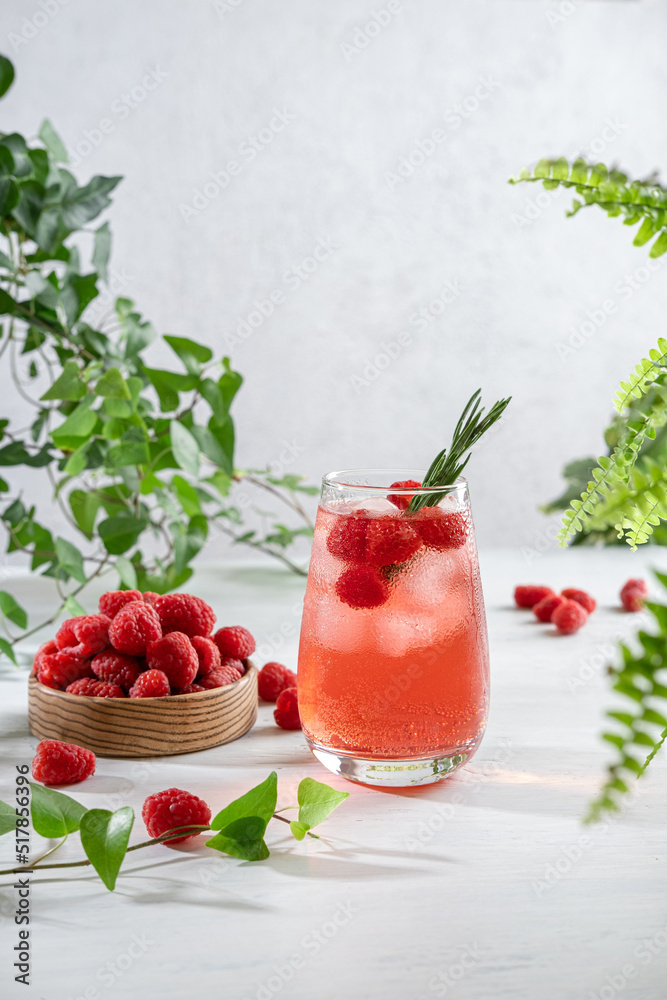 Summer refreshing non-alcoholic cocktails. Raspberry lemonade garnished with fresh rosemary. Summer raspberry beverage with sparkling water. Copy space. Summer refreshing non-alcoholic cocktails. Raspberry lemonade garnished with fresh rosemary. Summer raspberry beverage with sparkling water. Copy space.