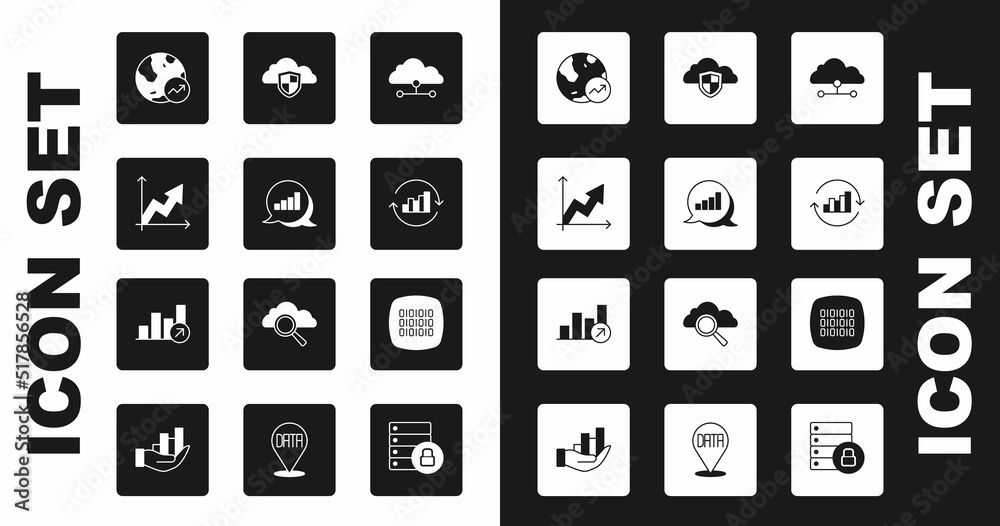 Set Network cloud connection, Pie chart infographic, Financial growth, Cloud and shield, Binary code and icon. Vector Set Network cloud connection, Pie chart infographic, Financial growth, Cloud and shield, Binary code and icon. Vector