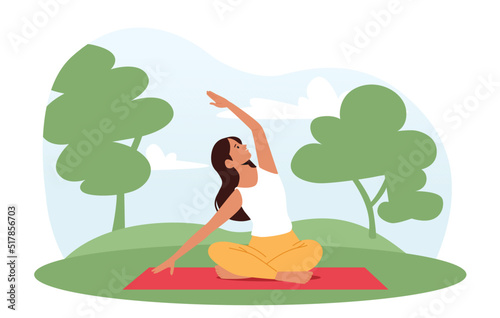 Yoga on Nature, Outdoor Relaxation. Woman Sit in Lotus Pose with Hand Up, Meditating in Asana. Healthy Lifestyle