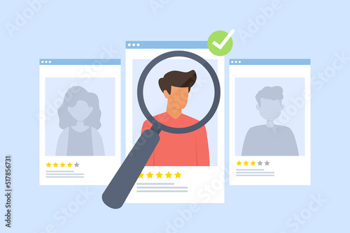 Vector illustration of choice of worker or personnel. Recruitment concept. Сhoosing resume of new employees.