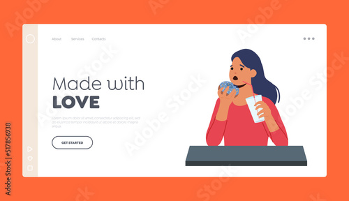 Female Character In Cafe Landing Page Template. Funny Sweet Tooth Lady Eating Donut and Drink Beverage