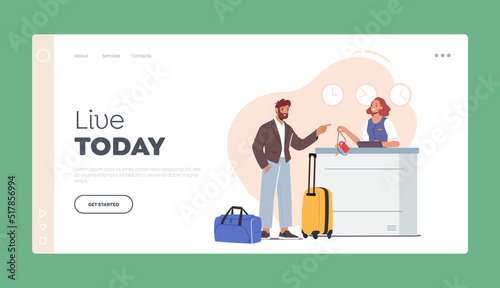 Hotel Arriving, Tourism, Inn Service Landing Page Template. Receptionist Character Stand at Lobby Desk Give Room Key