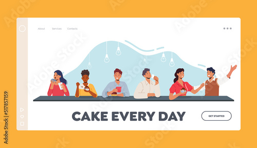 Characters Enjoying Sugar Food Landing Page Template. People Eating Cakes, Donuts And Ice Cream Desserts At Cafe