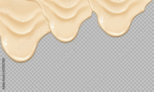 Flowing realistic liquid mayonnaise on transparent background.Spreading cheese, cream, milk, cream or yogurt.