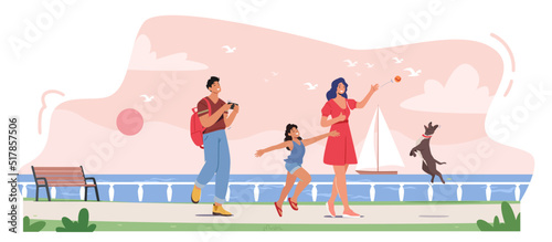 Happy Family Characters Walking along Embankment with Seaview and Floating Yacht. Father, Mother with Daughter