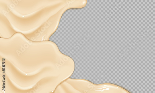 Flowing realistic liquid mayonnaise on transparent background.Spreading cheese, cream, milk, cream or yogurt.