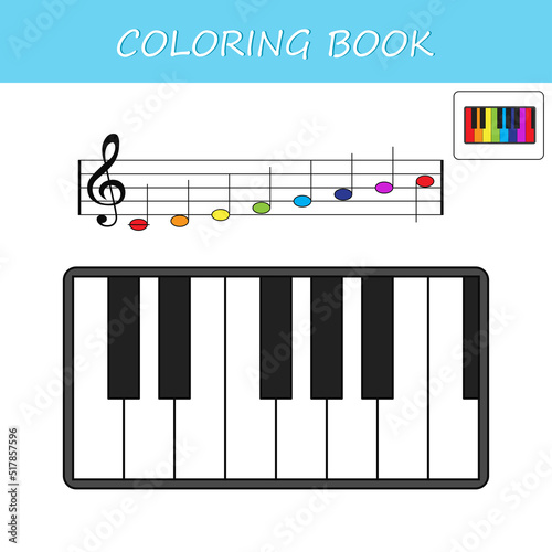 Color the piano keys according to the sample, according to the notes. Color learning game for preschoolers. Printed leaflet Vector illustration