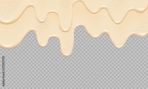 Flowing realistic liquid mayonnaise on transparent background.Spreading cheese, cream, milk, cream or yogurt.