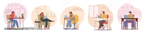 Set Men and Women Freelancers Characters Working from Home on Computers and Drink Coffee. Remote Workplace, Homeworking