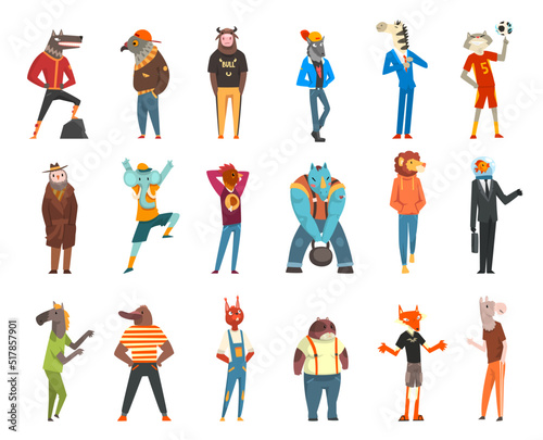 Humanized Animal Characters Wearing Human Clothing in Standing Pose Vector Set