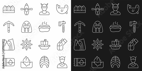 Set line Viking head, Socks, Wooden axe, Walrus animal, Pickaxe, Norwegian wooden house and Hotdog sandwich icon. Vector