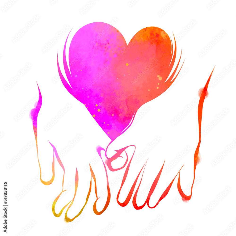 Watercolor of holding hands and heart symbol with clipping path ...