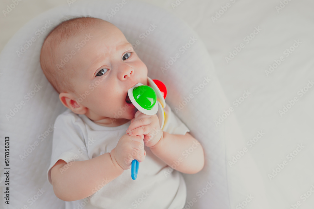 The kid is gnawing on a lifestyle rattle . Children's toys. An article about children. An article about children's toys. An article about teething. The kid is gnawing on a lifestyle rattle . Children's toys. An article about children. An article about children's toys. An article about teething.