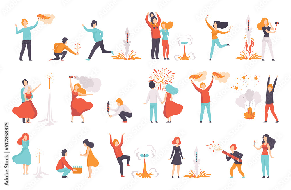 People Characters Launching and Watching Explosion of Fireworks Vector Set People Characters Launching and Watching Explosion of Fireworks Vector Set
