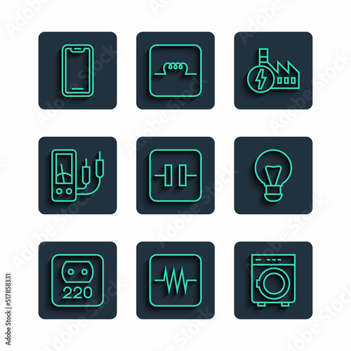 Set line Electrical outlet, Resistor in electronic circuit, Washer, Nuclear power plant, Electrolytic capacitor, Ampere meter, multimeter, Mobile phone and Creative lamp light idea icon. Vector