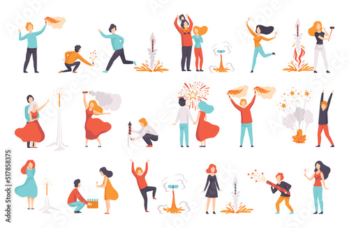 People Characters Launching and Watching Explosion of Fireworks Vector Set