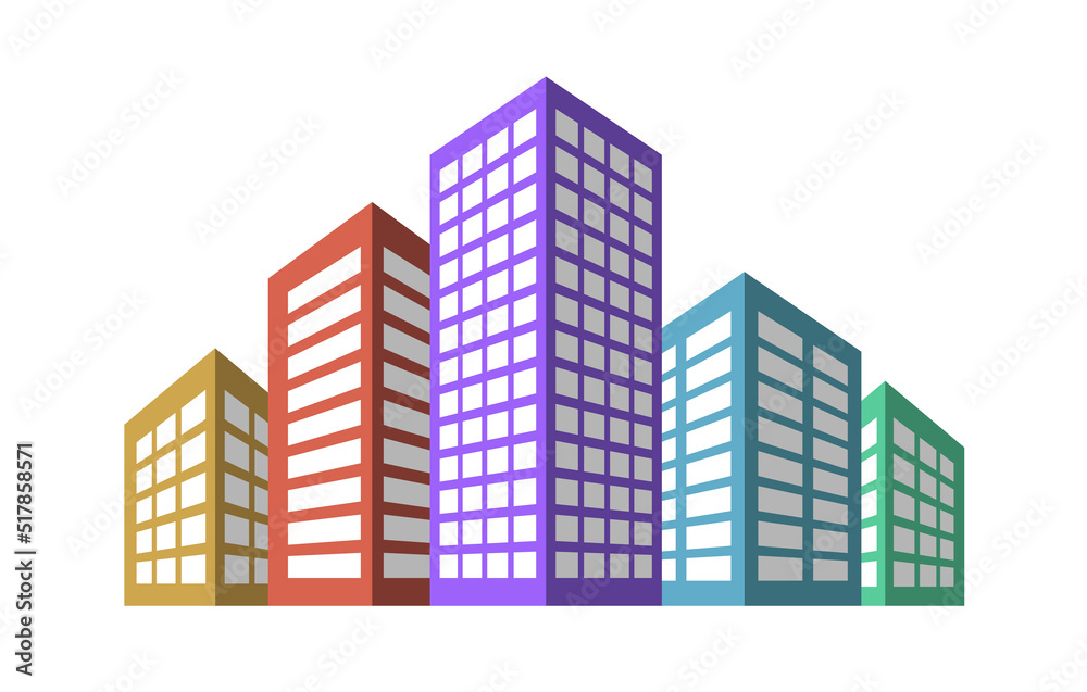 5 residential buildings, multicolored apartment houses with shadow and perspective, city architecture.