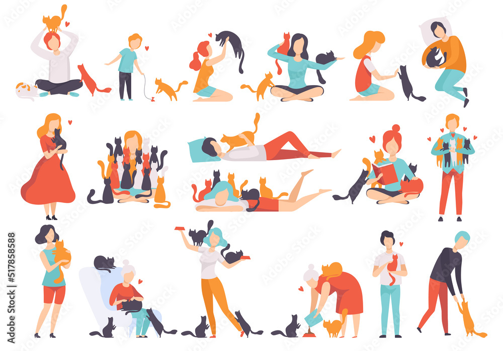People Character Cat Lover Hugging, Playing and Caring About Their Fluffy Pet Vector Set People Character Cat Lover Hugging, Playing and Caring About Their Fluffy Pet Vector Set