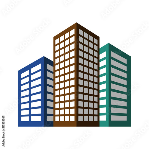 3 residential or business buildings, multicolored apartment houses with shadow and perspective, city architecture.