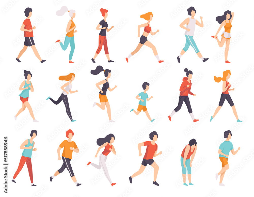 People Runner in Sportive Clothes Running and Jogging Engaged in Sport Activity Big Vector Set