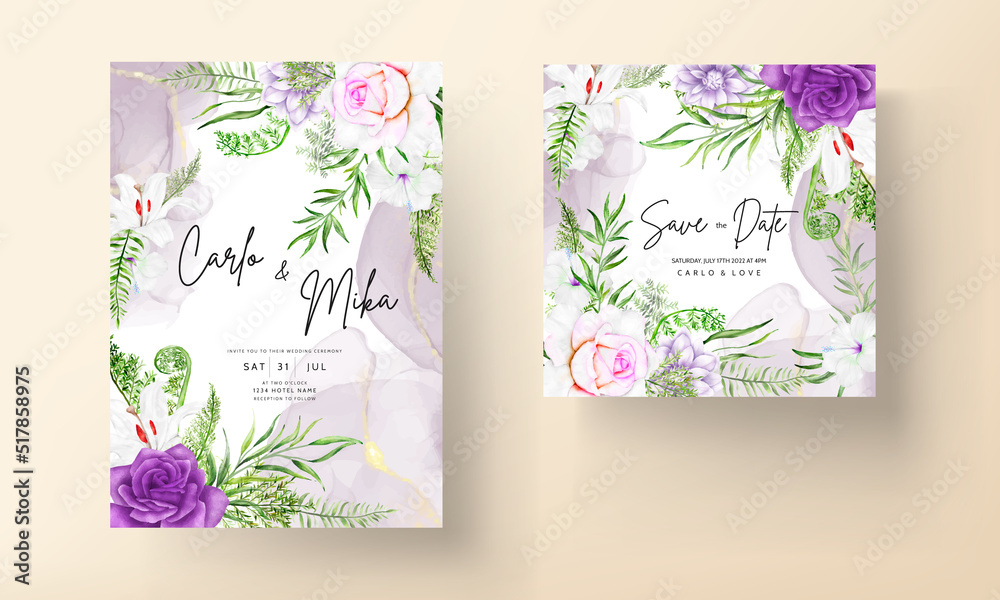 purple flower and leaves wedding invitation card template Stock Vector ...