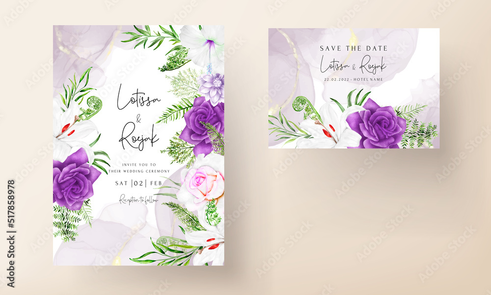 purple flower and leaves wedding invitation card template Stock Vector ...