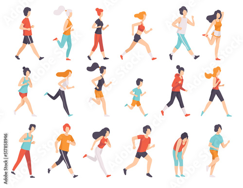 People Runner in Sportive Clothes Running and Jogging Engaged in Sport Activity Big Vector Set