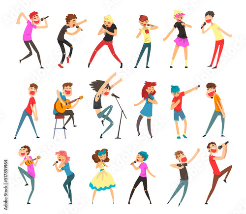 People Singing with Microphone and Playing Guitar Performing Music on Stage Big Vector Set